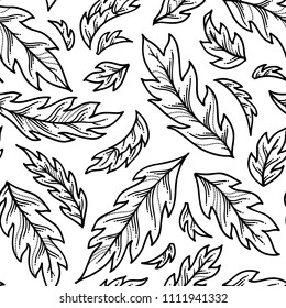 Vector duotone seamless pattern of leaves. Contours of black pinnate leaves on white background. Monochrome summer boundless background. Tileable design element.