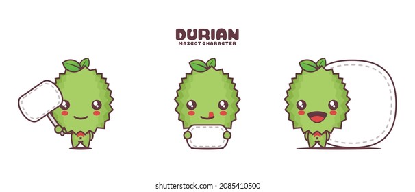 vector durian fruit cartoon mascot, with blank board banner, isolated on a white background.