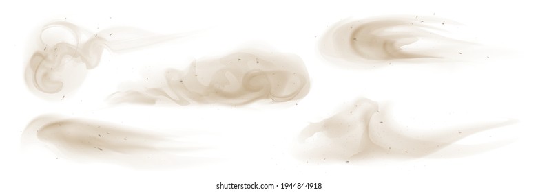 Vector Dust, dusty sand clouds effect collection, set of flying desert dusty particles, isolated on transparent background. Realistic sandstorm, explosion, sand splash.