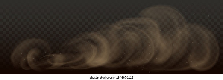 Vektorstaub, staubige Sandwolken-Effekt-Sammlung, Satz fliegender Wüstenstaubpartikel einzeln auf transparentem Hintergrund. Realistischer Sandsturm, Explosion, Sandsplash.