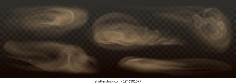 Vector Dust, dusty sand clouds effect collection, set of flying desert dusty particles, isolated on transparent background. Realistic sandstorm, explosion, sand splash.