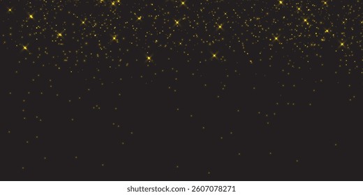 Vector dust sparks and yellow sky stars. Flash shine with special light. Golden sparkles Christmas light effect. Sparkling magical dust particles.