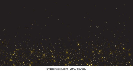 Vector dust sparks and yellow sky stars. Flash shine with special light. Golden sparkles Christmas light effect. Sparkling magical dust particles.
