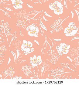 Vector dusty pink botany hand drawn buttercup repeat pattern with shape and outline florals on blue background. Nature background. Surface pattern design.