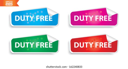 Vector: Duty free stickers with colorful set. Eps10.