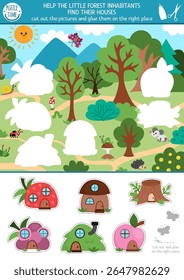 Cortar anã vetorial e atividade de cola. Criar jogo com pouco gnomo ou casas de animais, paisagem de floresta mágica. Planilha divertida imprimível. Encontre a peça certa do quebra-cabeça. Imagem completa
