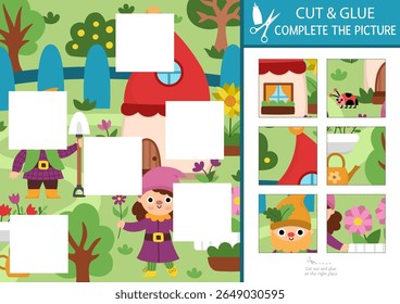 Cortar anã vetorial e atividade de cola. Jogo de artesanato floresta mágica com gnomes bonitos e paisagem do jardim. Encha a cena com adesivo quadrado. Encontre a peça certa do quebra-cabeça. Imagem completa
