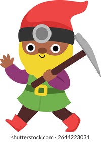 Vector dwarf icon. Magic creature clipart. Cute fairytale character waving hand. Woodland fantasy gnome with pickax, beard. Forest fairy tale illustration isolated on white background
