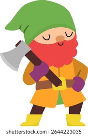 Vector dwarf icon. Magic creature clipart. Cute fairytale character. Woodland fantasy gnome with ax, beard. Forest fairy tale illustration isolated on white background
