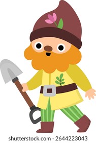 Vector dwarf icon. Magic creature clipart. Cute fairytale character. Woodland fantasy garden gnome going with shovel. Forest fairy tale illustration isolated on white background

