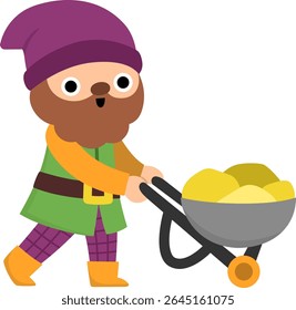 Vector dwarf icon. Magic creature clipart. Cute fairytale character. Woodland fantasy gnome with wheelbarrow with gold. Forest fairy tale illustration isolated on white background
