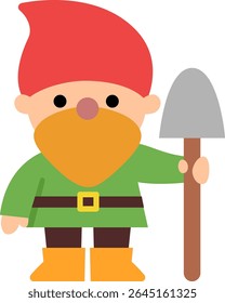 Vector dwarf icon. Magic creature clipart. Cute fairytale character. Woodland fantasy garden gnome with shovel. Forest fairy tale illustration isolated on white background
