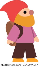 Vector dwarf icon. Magic creature clipart. Cute fairytale character. Woodland fantasy gnome traveler going with backpack. Forest fairy tale illustration isolated on white background
