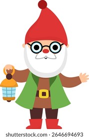Vector dwarf icon. Magic creature clipart. Cute fairytale character. Woodland fantasy old gnome with lamp, white beard. Forest fairy tale illustration isolated on white background
