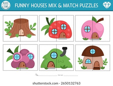 Vector dwarf mix and match puzzle with cute gnome houses. Matching woodland fairytale activity for preschool kids. Game with forest fantasy cottages shaped as strawberry, mushroom, tree stump
