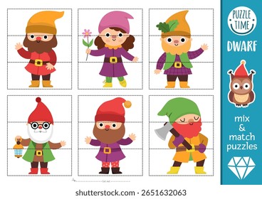 Vetor anã misturar e combinar quebra-cabeça com gnomos bonitos. Atividade de conto de fadas da floresta correspondente para crianças pré-escolares. Jogo de impressão educacional com criaturas mágicas, florestais ou de fantasia
