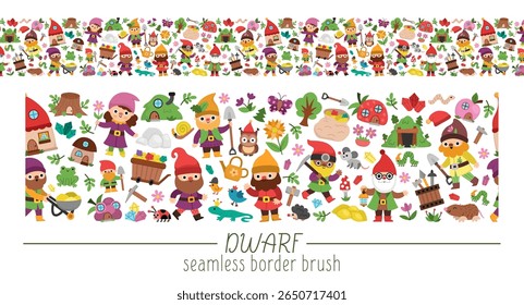 Vector dwarf seamless pattern brush. Cute gnome repeat border background. Fairytale character digital paper. Magic creature texture with garden, mining, blacksmith, treasure, mine, fantasy animal