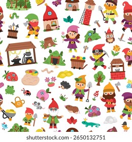 Vector dwarf seamless pattern. Cute gnome repeat background. Fairytale character digital paper. Magic creature texture with garden, mining, blacksmith, treasure, mine pit, houses, fantasy animal