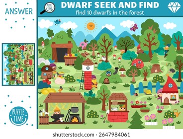 Vector dwarf searching game with magic forest landscape. Spot hidden gnomes in the picture. Simple fairytale seek and find educational printable activity for kids with fantasy creatures

