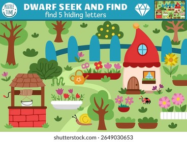 Vector dwarf searching game with magic garden landscape. Spot hidden letters in the picture. Simple ABC fairytale seek and find educational printable activity for kids. Alphabet worksheet
