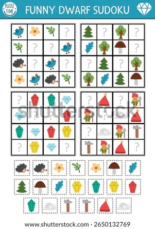 Vector dwarf sudoku puzzle for kids with pictures. Simple woodland fantasy quiz with cut and glue elements. Education activity or coloring page with gnome elements. Draw missing objects
