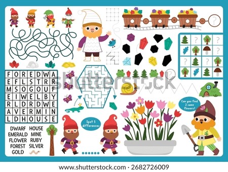 Vector dwarf village placemat. Forest gnome printable activity mat with maze, crossword puzzle, shadow match, find difference. Cute fairytale play mat, menu, kids magazine spreadsheet
