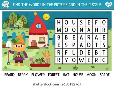 Vector dwarf wordsearch puzzle for kids. Simple wordsearch quiz with gnome, flower, hat, house, moon for children. Educational cross word activity with magic creature, night garden scene
