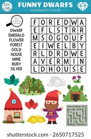 Vetor anão wordsearch quebra-cabeça para crianças. Simples teste wordsearch com gnome bonito, floresta, mina, casa, ouro, pedras preciosas para crianças. Atividade educacional de palavras cruzadas da floresta com criaturas mágicas
