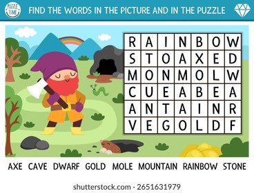 Vetor anão wordsearch quebra-cabeça para crianças. Simples teste wordsearch com gnome, ouro, toupeira, machado, caverna, arco-íris para crianças. Atividade educacional de palavras cruzadas com criatura mágica, cena da floresta
