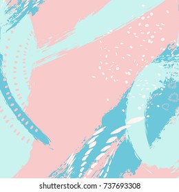 Vector Dymanic Brush Stroke Pattern. Pastel Creative Contemporary Decoration In Pink Blue Colors. Bohemian Abstract Paint Elements. Expressive Fresh Texture