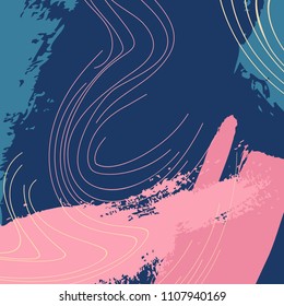 Vector dymanic navy pink brush stroke pattern. Pastel creative contemporary decoration in dark  contrast colors. Bohemian abstract paint elements. Expressive fresh texture