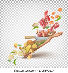 Vector dynamic 3d illustration of a composition of pork bacon, onions, carrots, spools, zucchini, arugula, peas, peppers on a cutting board with a knife.