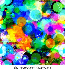 Vector dynamic background with circles, stripes, triangles and spots. Colorful seamless pattern. Grunge rainbow texture. Yellow, blue, green, red, purple, orange.