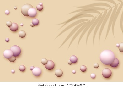 Vector dynamic background with colorful realistic 3d balls. Round sphere in pearls pastel colors with overlay palm leaves shadow. Powder balls, foundation, powder, blush, meteorites.