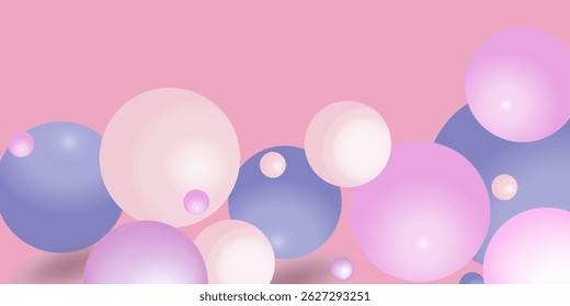 Vector dynamic background with colorful realistic 3d balls. Round glossy sphere in pastel colors or pearls on pink gradient backdrop. Abstract template for social media, festive banner, cover.