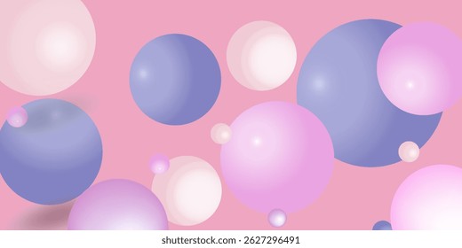 Vector dynamic background with colorful realistic 3d balls. Round glossy sphere in pastel colors or pearls on pink gradient backdrop. Abstract template for social media, festive banner, cover.