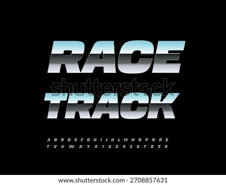 Vector Dynamic badge Race Track, Reflective Silver Font. Cool Steel Alphabet Letters and Numbers.