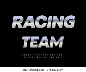 Vector Dynamic badge Racing Team. Silver Uppercase Font. Glossy Metallic Alphabet Alphabet Letters and Numbers set.