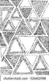 Vector dynamic black ink drops and dots texture pattern. Acrylic on canvas geometrical pattern. Small and big triangle shapes with gradient density. Space for text.