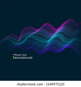 Vector dynamic elements with waves of dots and lines. Bright illustration on a dark background.