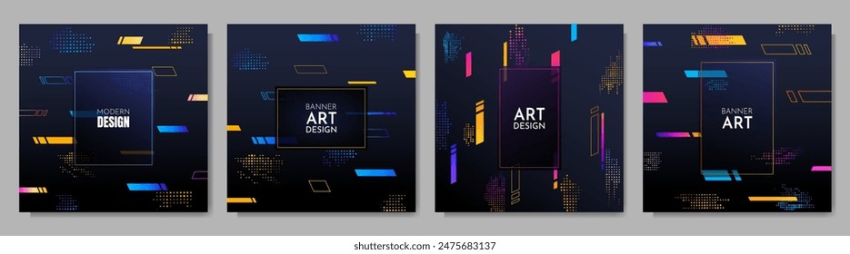 Vector dynamic illustration. Flow of graphic elements -  halftone dots, striped lines. Memphis pattern. Gradient bright color shapes on black background. Design for social media template, web banner