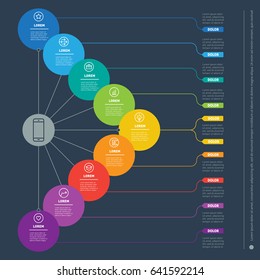 Vector dynamic infographics of technology or education process. Business presentation with 9 options. Part of the report with simple elements. Web Template of a info chart, mind map or diagram.
