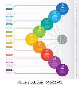 Vector dynamic infographics of technology or education process. Business presentation with 9 options. Web Template of a info chart, mind map or diagram. Part of the report with simple elements.