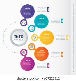 Vektordynamische Infografiken von Technologie oder Bildungsprozess. Geschäftspräsentation mit 5 Optionen. Teil des Berichts. Web-Vorlage eines Diagramms, einer Gedankenkarte oder eines Diagramms.