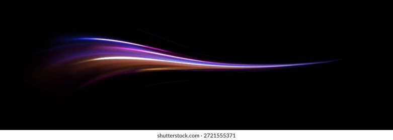 Vektordynamische Neonlichtstreifen fließen über einen dunklen Hintergrund und vermischen Blau, Lila und Gold in einer glühenden, abstrakten Bewegungsunschärfe. Perfekt für Technik, Energie oder futuristische Designs