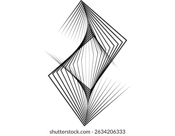 Vector dynamic pattern of flowing geometric shapes. Abstract swirling design element of thin black lines on white. Vector background for covers, packaging, ads, posters, banners. Illusion composition
