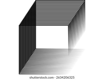 Padrão dinâmico de vetor de formas com fluxo. Elemento de design de linhas pretas finas em branco. Fundo vetorial para capas, embalagens, anúncios, cartazes, banners. Composição de ilusão. Cubo abstrato