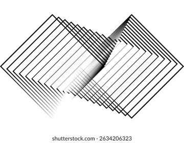 Vector dynamic pattern of flowing square shapes. Abstract swirling design element of thin black lines on white. Vector background for covers, packaging, ads, posters, banners. Geometric illusion.