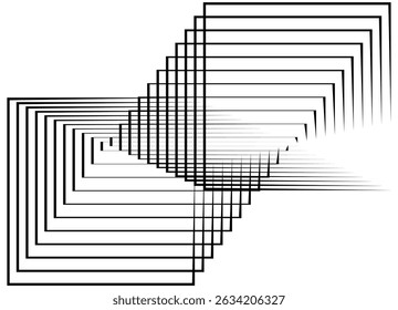 Padrão dinâmico vetorial de formas quadradas em fluxo. Elemento de design abstrato de linhas finas pretas em branco. Fundo vetorial para capas, embalagens, anúncios, cartazes, banners. Composição de ilusão.