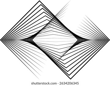 Vector dynamic pattern of flowing square shapes. Abstract swirling Design element of thin black lines on white. Vector background for covers, packaging, ads, posters, banners. Illusion composition.